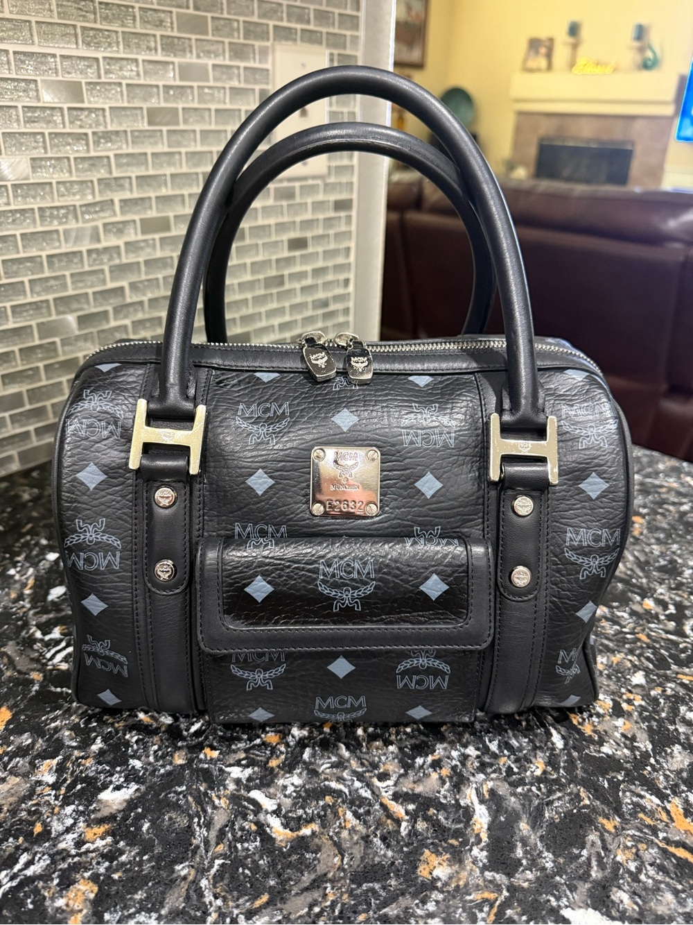 MCM Black Visetos Logo Boston Satchel 25 with Silver Hardware